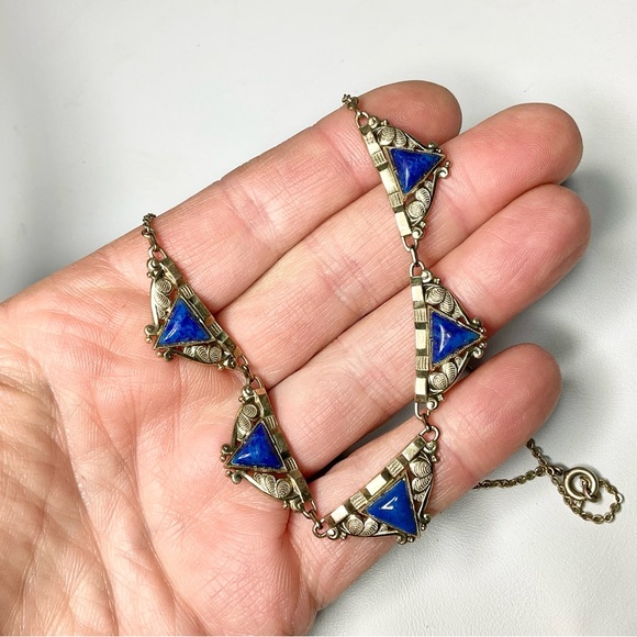 Art Deco Rolled Gold Collar Necklace w/Peking Glass Stones - Picture 7 of 7